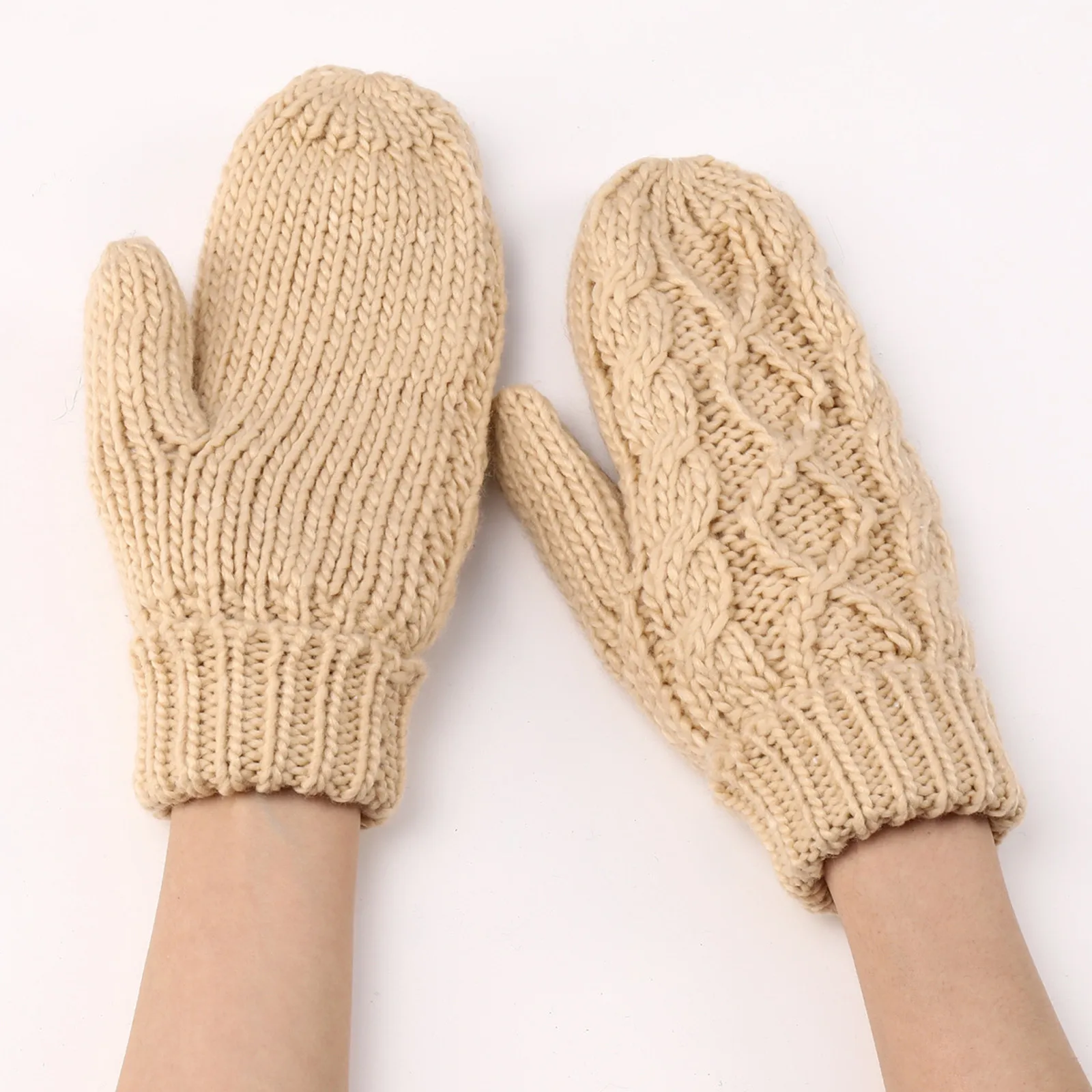 

Women Fashion Knit Twist Flowers Mittens Winter Female Wool Plus Cashmere Velvet Thickening Warm Full Finger Gloves Guantes