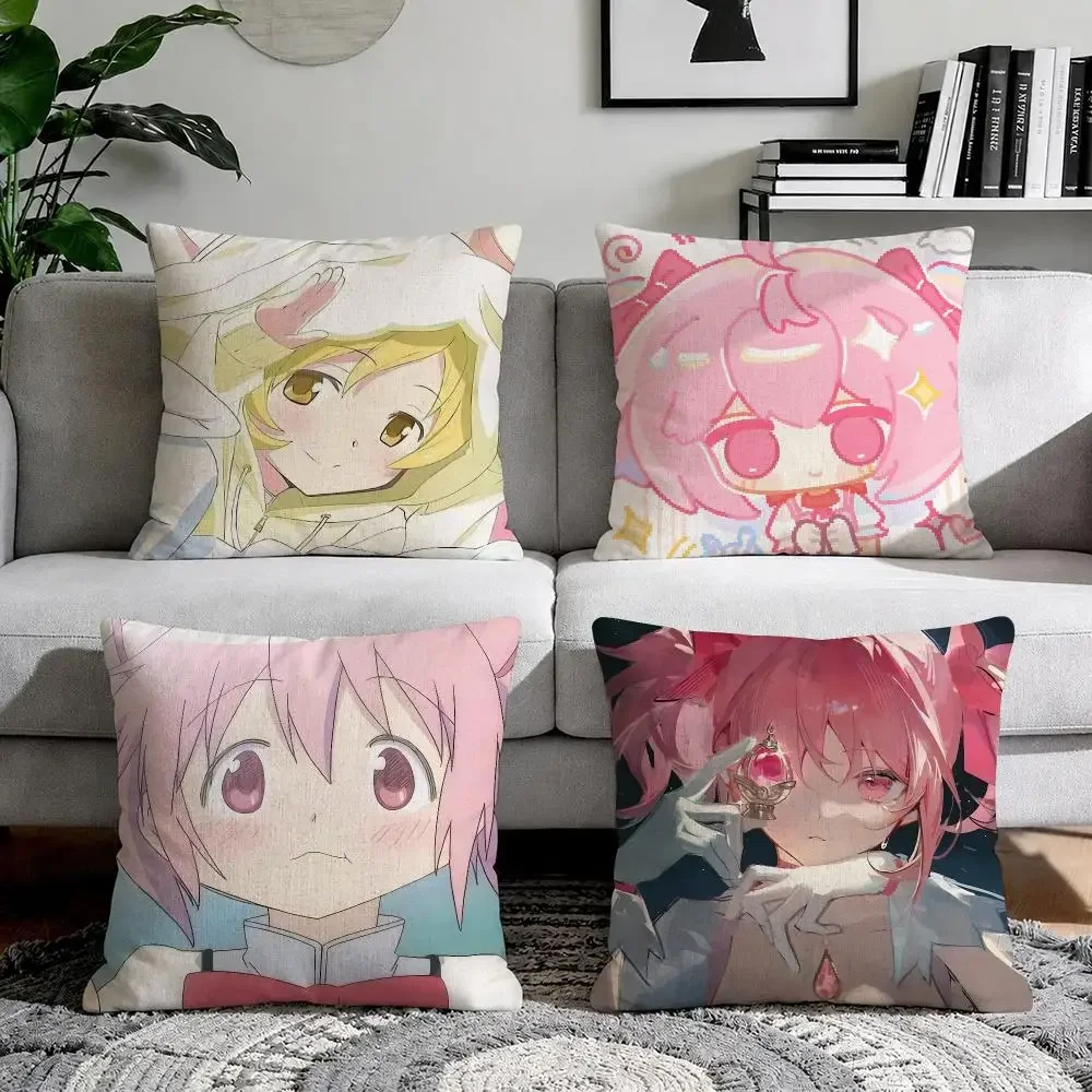 P-Puella Magi Madoka Magica Cushion Cover Organic Natural Linen Pillowcase with Double Sided Print for Sofa Home Decor Gift