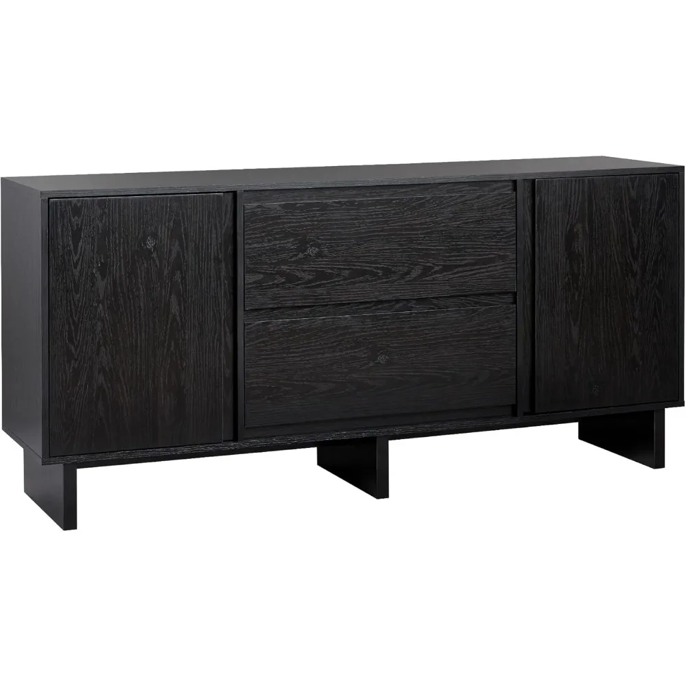 Credenza moderna smussata a 2 ante, 2 cassetti, 63 pollici, nera