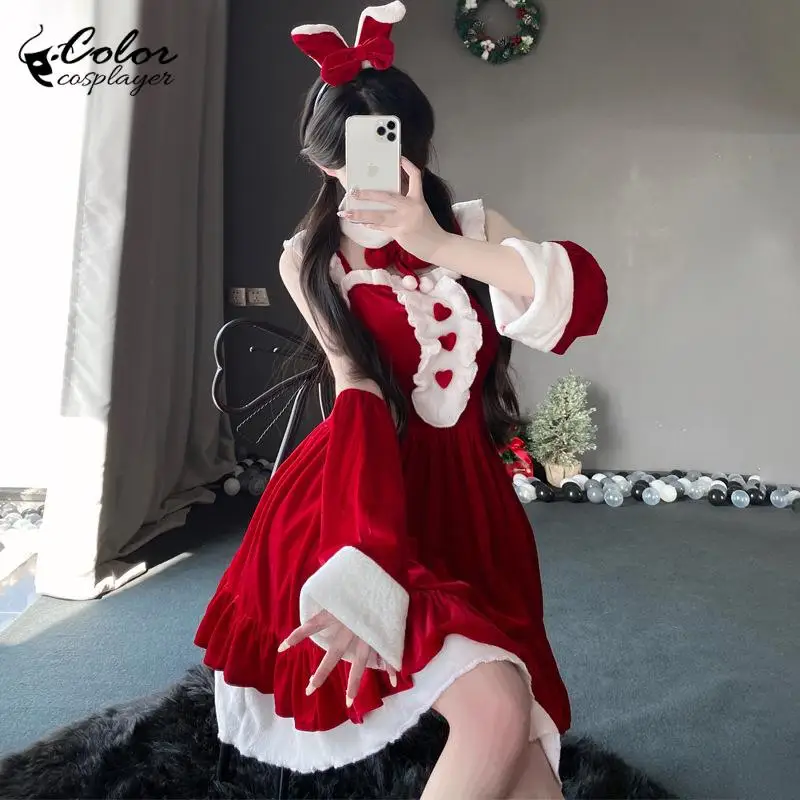 Color Cosplayer Sexy Christmas Girl Dress Suits Kawaii Bunny Girl Dress Set Pink Women Xmas Cosplay Costume Halloween Gown