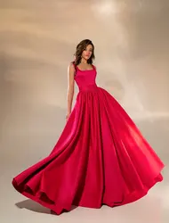 Satin Evening Dresses Long A Line Sweep Train Square Neckline Wide Straps Sleeveless See Through Back Elegant Prom Gowns