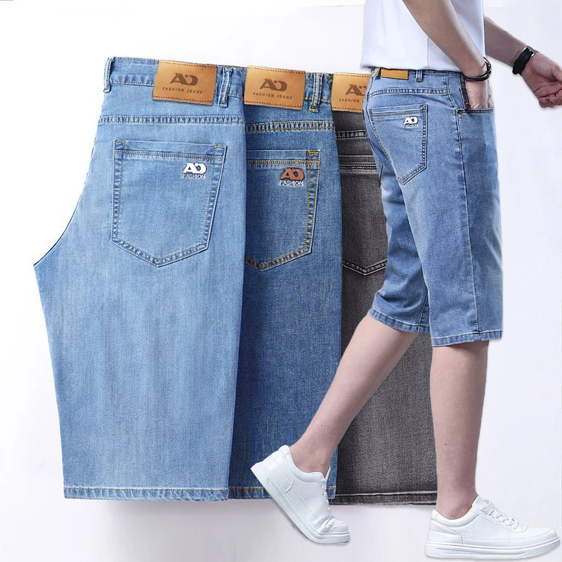 

Summer Elastic Men Denim Shorts Thin Comfort Straight Short Washed Jeans Fashion Korean Clothes Simple Casual Knee-length Pants