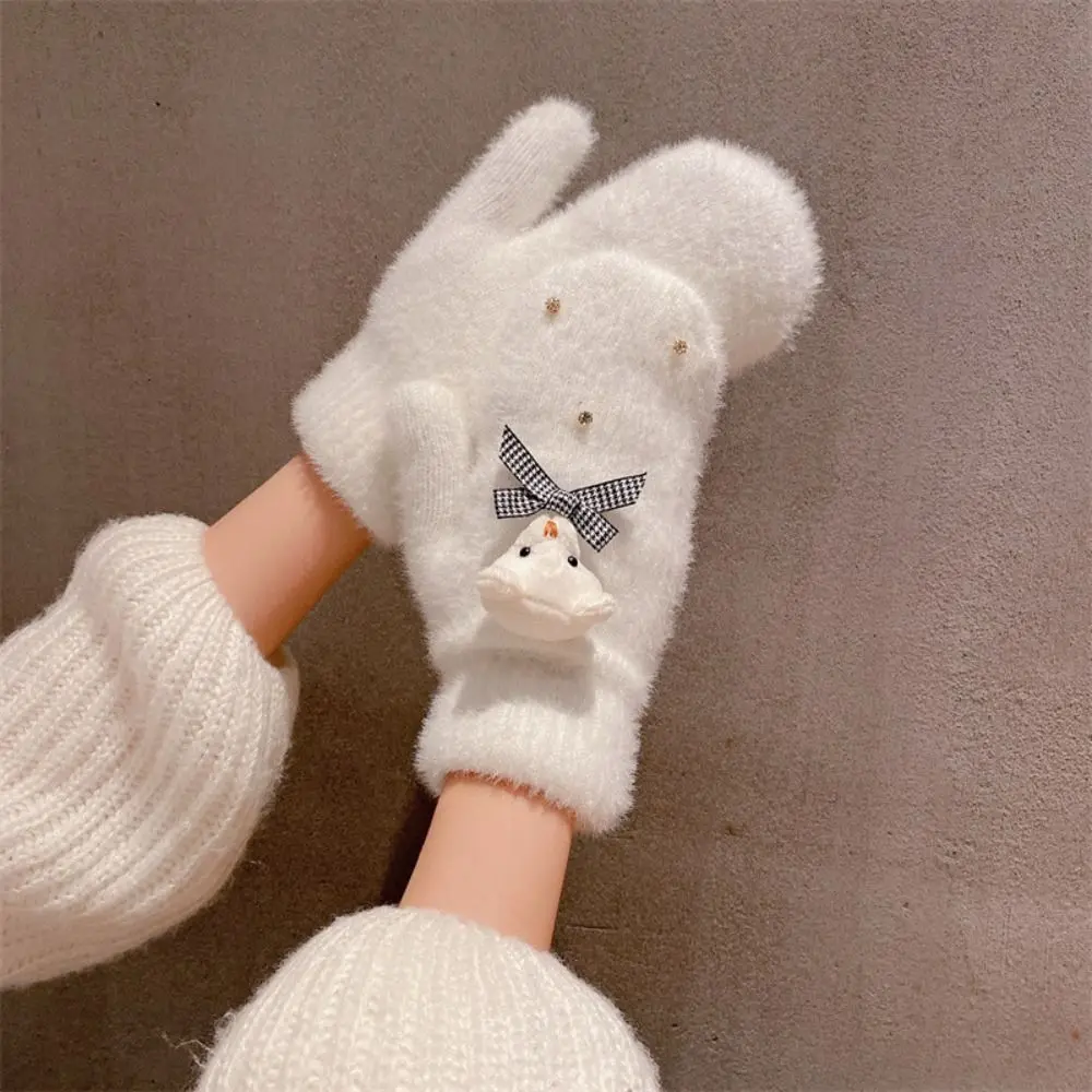 Kawaii Christmas Full Finger Mittens Women Girl Winter Snow Bow Plush Gloves Cute Bear Gloves Warm Thicken Knitted Gloves Gifts