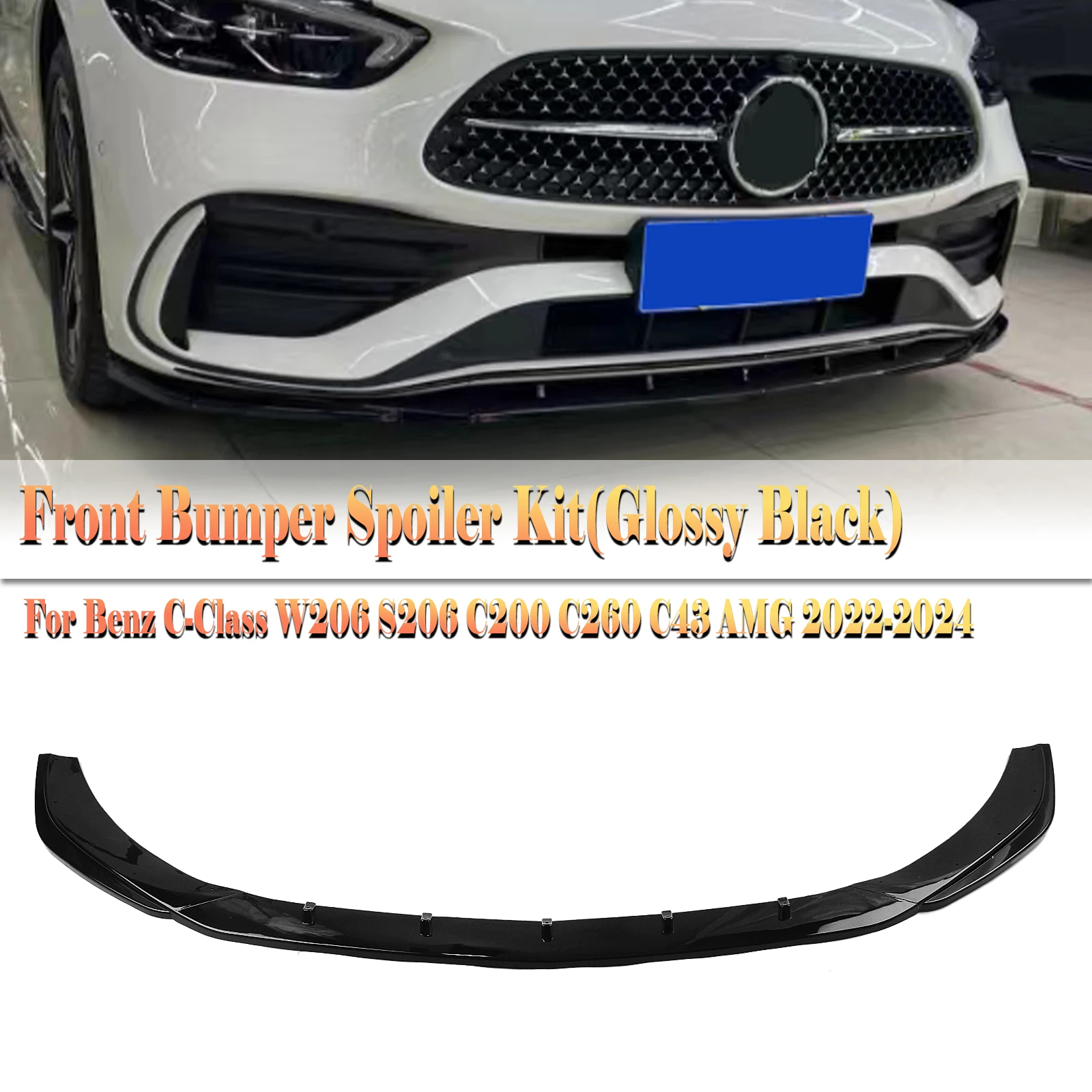 

For Mercedes Benz C Class W206 S206 C200 C260 C43 AMG 2022-2024 Carbon Fiber Look/Gloss Black Splitter Front Bumper Spoiler Lip