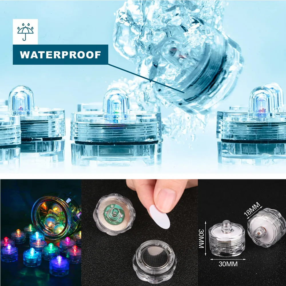 12Pcs Submersible Waterproof LED Tea Light Pond Underwater Tealights Battery Operated Flameless Electric Candles Vase Pond Decor