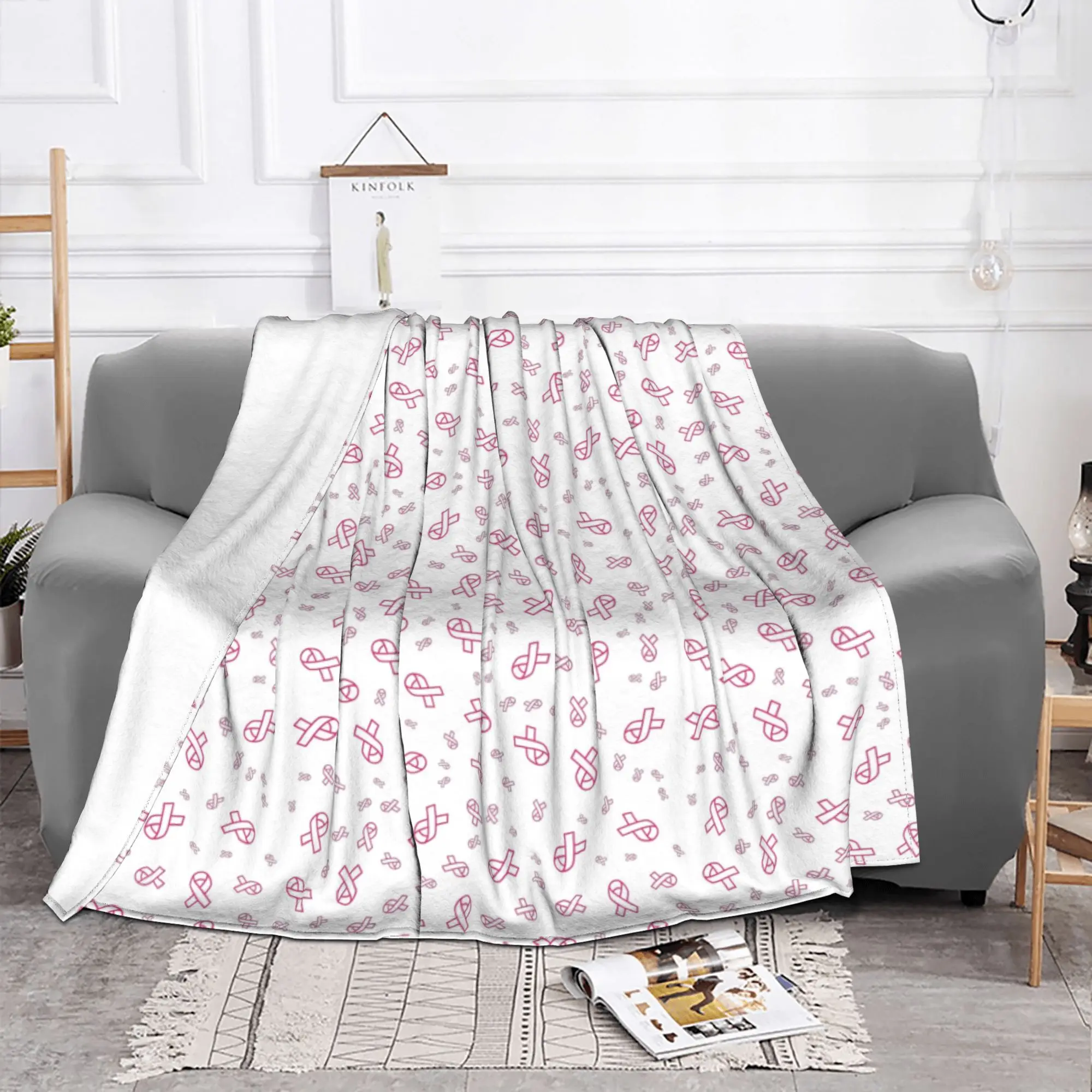 Breast Cancer Awareness Ribbon Knitted Blankets  Flannel Throw Blankets Airplane Travel Portable Soft Warm Bedspreads