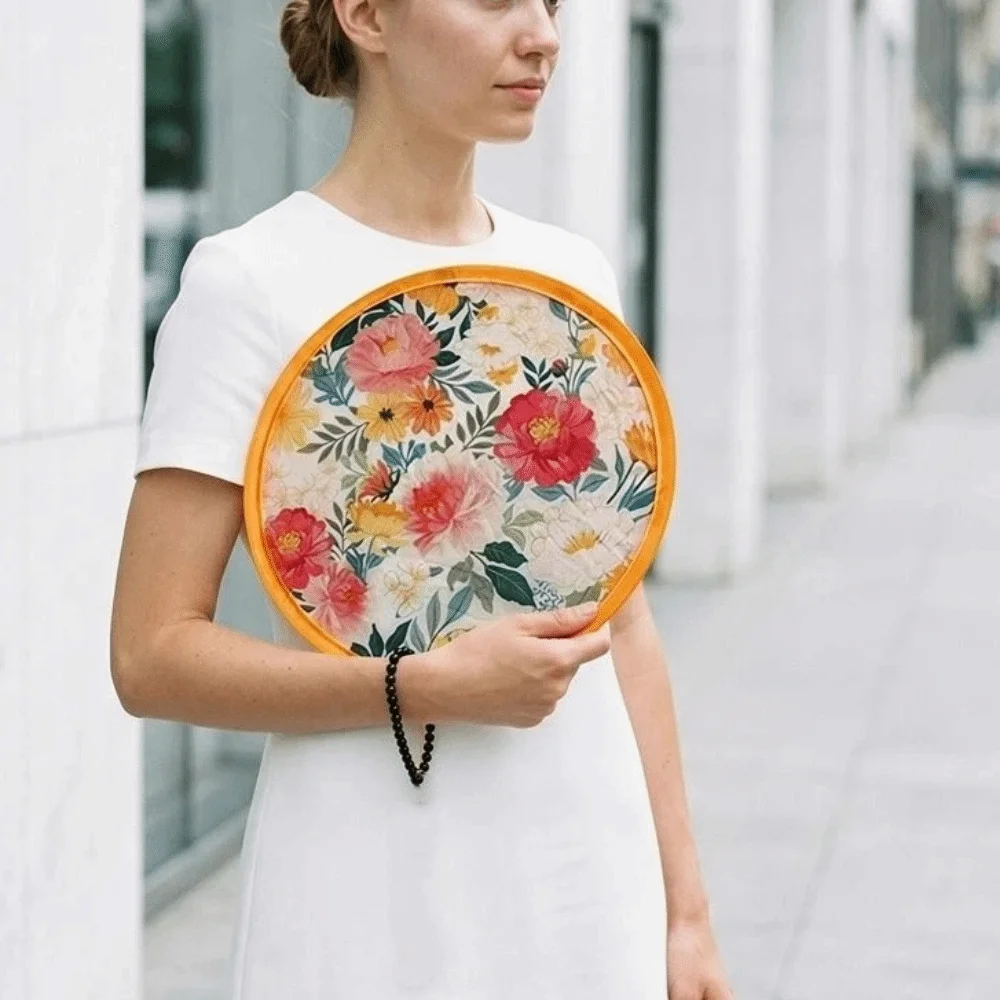 Mini Japanese Style Folding Fan Flower Pattern Round Handheld Fan With Pocket Flying Disk Fan Summer Travel