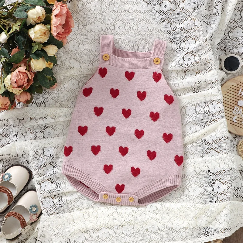 Toddler Happy Valentines Day Kids Outfit Baby Girl Overall Sleeveless Tank Top Heart Knit Romper Spring Clothes