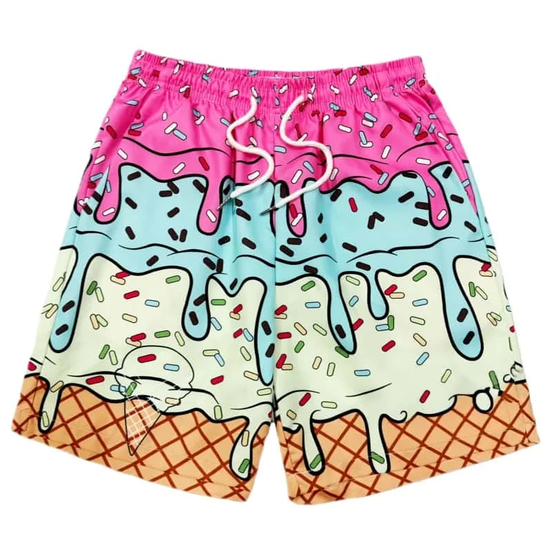 Summer New Beach Style Ice Cream Printed Adult/children Loose Plus Size Quick Drying Shorts for Men and Women