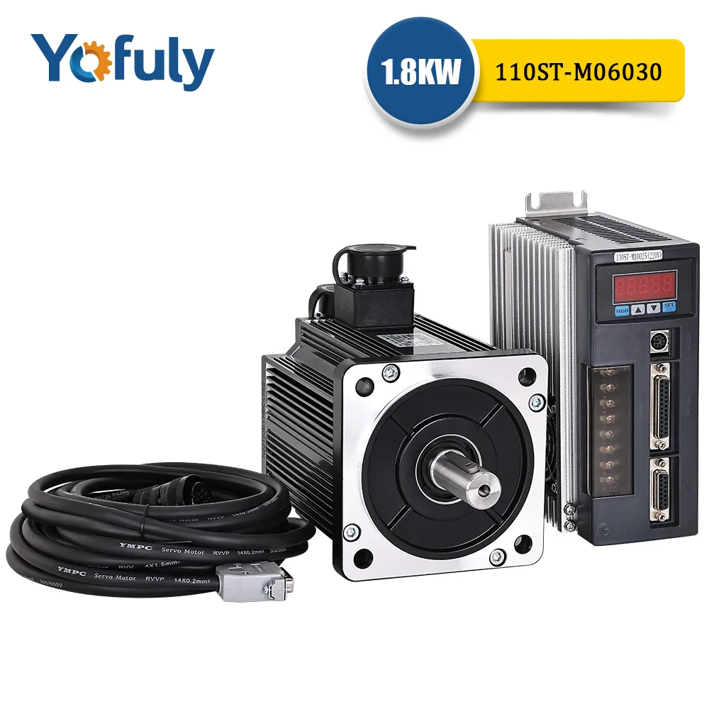 Yufuly 1800W AC Servo Motor 110ST-M06030 6N.M 3000RPM AC Motor + Matched Servo Driver +Cable Complete Motor Kits 1 Year Warranty