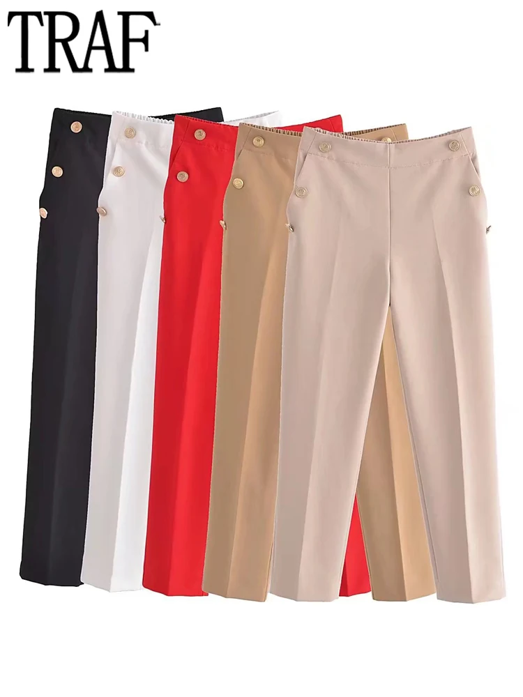 TRAF 2023 Straight Leg Trousers Women Metal Buttons Woman Pants Office High Waist Pants for Women Korean Fashion Pencil Pants