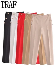 TRAF 2023 Straight Leg Trousers Women Metal Buttons Woman Pants Office High Waist Pants for Women Korean Fashion Pencil Pants