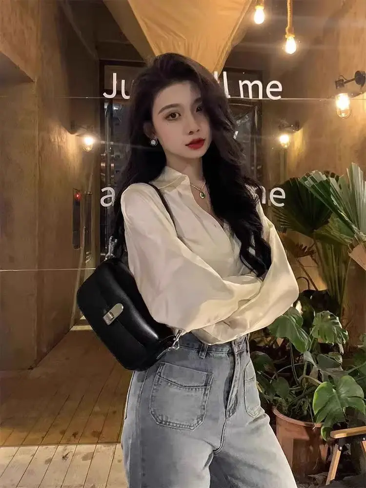 Elegant Satin Solid Women Shirt Autumn Turn-down Collar Ladies Blouse Spring Vintage Casual Button Simple Tops Female Clothes