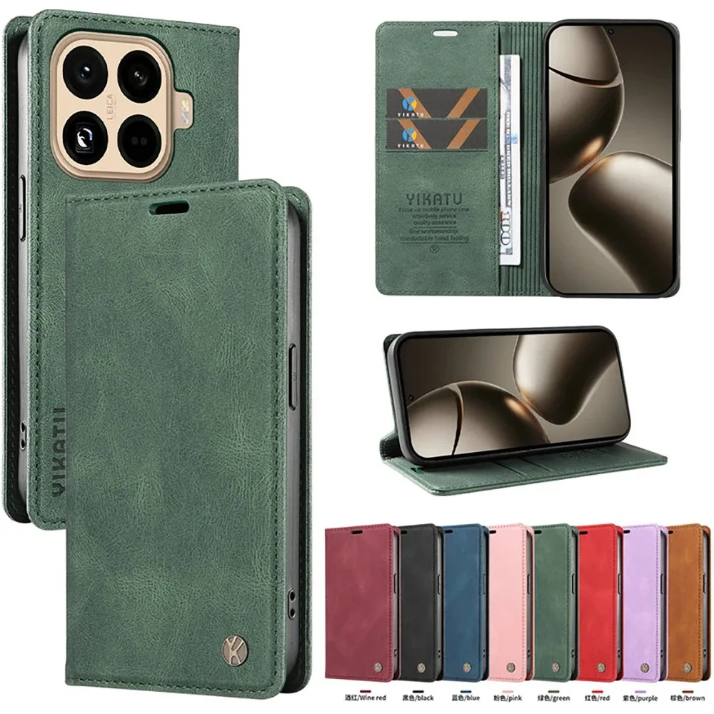 Tragbare Reine Farbe Leder Magnetische Halterung Fall Für Xiaomi 15T Pro Versteckte Brieftasche Karte Slot Rundum Schützen stoßfest Abdeckung