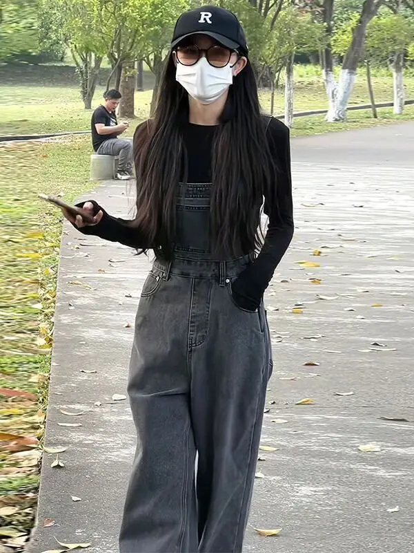 

Slimming Large Size Denim Overalls Women's Spring Autumn Faionable Side Slit Design Agel Ele plus Size Pants