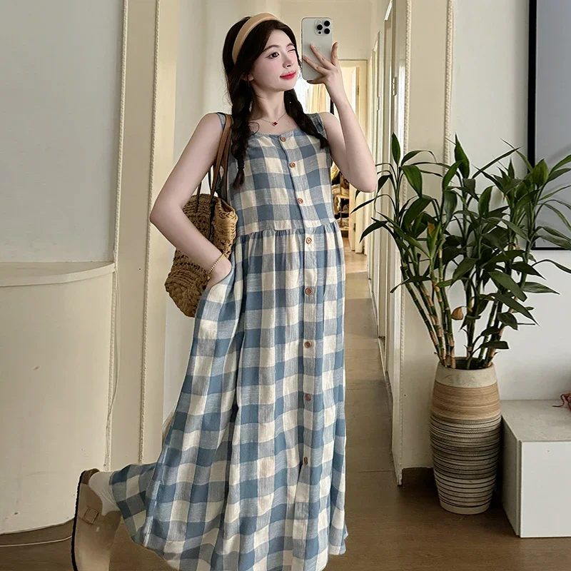 

Pregnant Women's Summer Cotton Dress Preppy Style Sleeveless Maternity A-line Dress Vintage Plaid Pregnancy Sundress Tank Dress