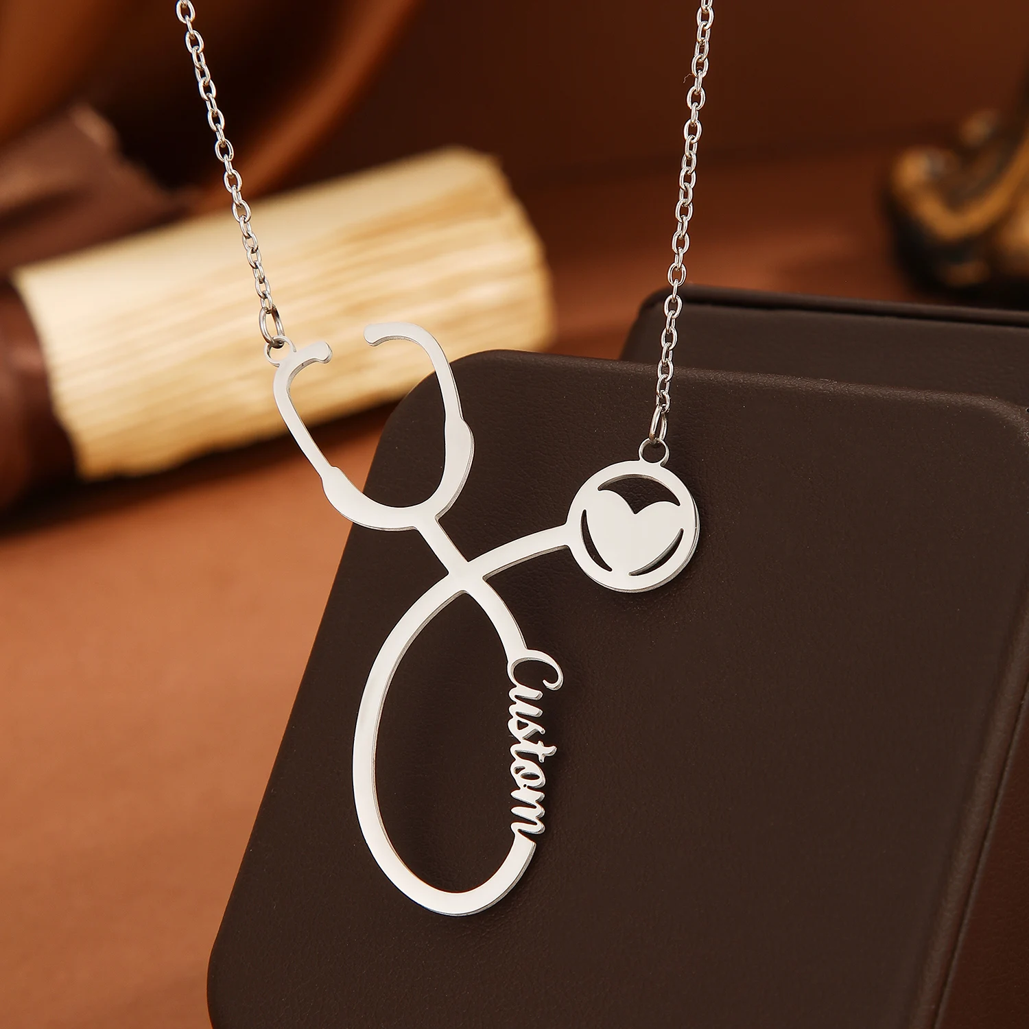 Custom Name Stethoscope Necklace for Men Women Customized Heart Stainless Steel Nameplate Charm Necklace Jewelry