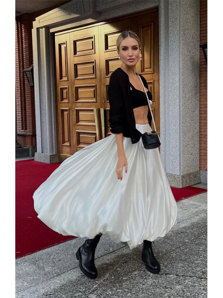 ADAgirl Elegant Satin Ball Gown High Waist A-line Maxi Bubble Skirts Long Women Pleated Luxury Old Money White Evening Dresses