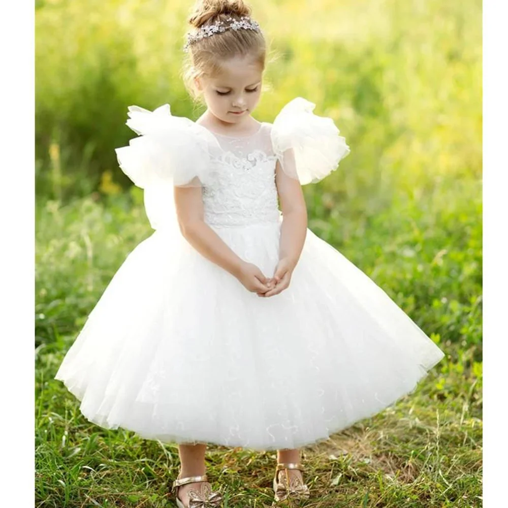 White Tulle Puffy Flower Girl Dress For Wedding Appliue Lovely Angel Princess Communion Ball Dress Birthday Party Ball Prom Gown