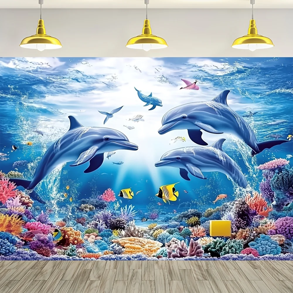 1pc Giant Ocean Dolphin Wall Tapestry, Universal Holiday Decor, Durable Polyester, No Power Needed, Pre-Drilled for Easy Hanging