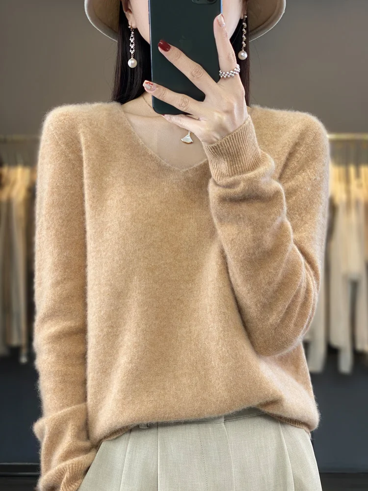 Fashion Women Cashmere Sweater 100% Merin Wool Pullover V-neck Casual Knitwear Long Sleeve Autumn Winter Basic Clothing Tops