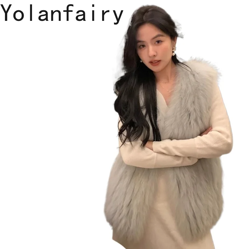 

YOLANFAIRY Осень и зима Импортный лисьий мех Женский короткий жилет женская блузка с v-образным вырезом дубленка женская 2025