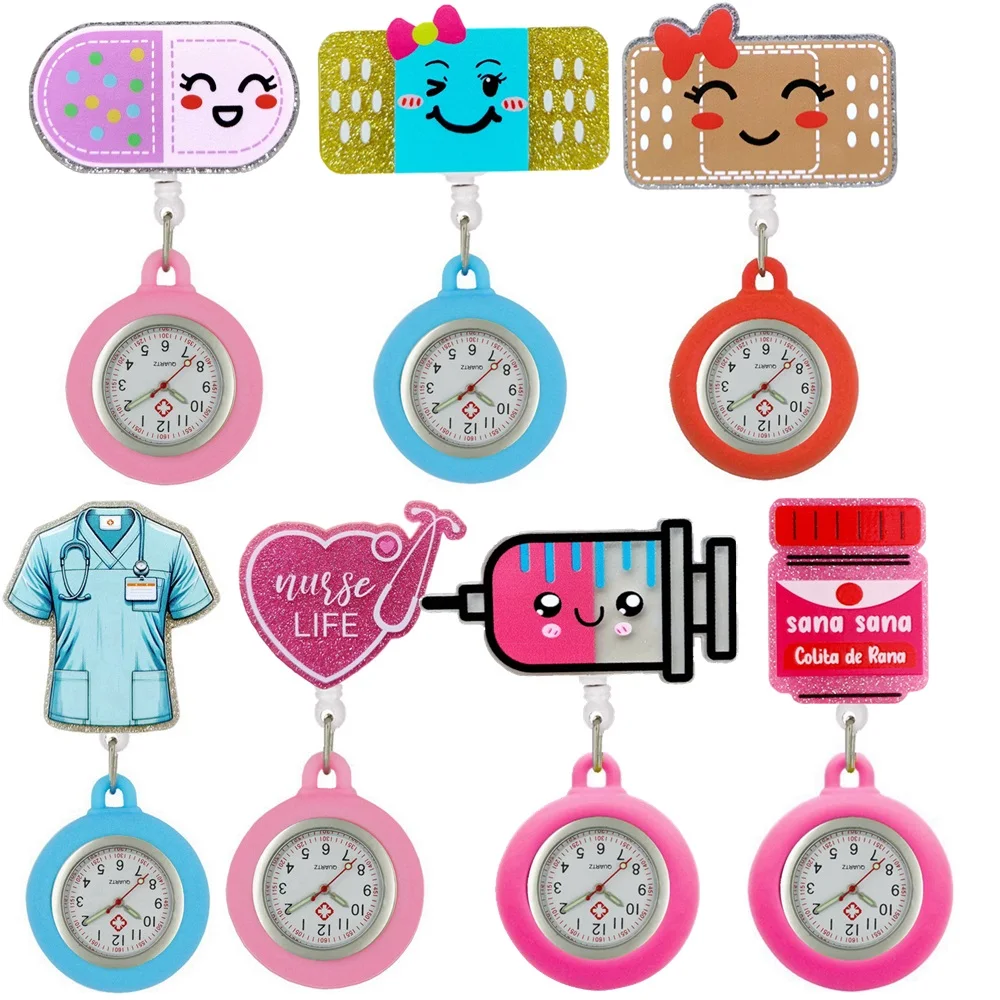 Glitter Cartoon Heart Smile Pills Bandaids Nurse Doctor Hospital Medical Workers Office FOB Clip Badge Reel Pocket Watches Clock