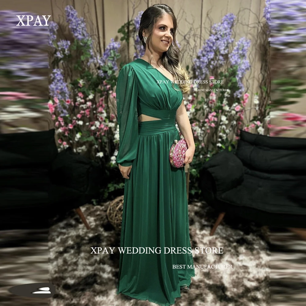 

XPAY Green Chiffon Evening Dresses Simple One Shoulder Puff Long Sleeve Floor Length Arabic Women Prom Gowns Formal Party Dress