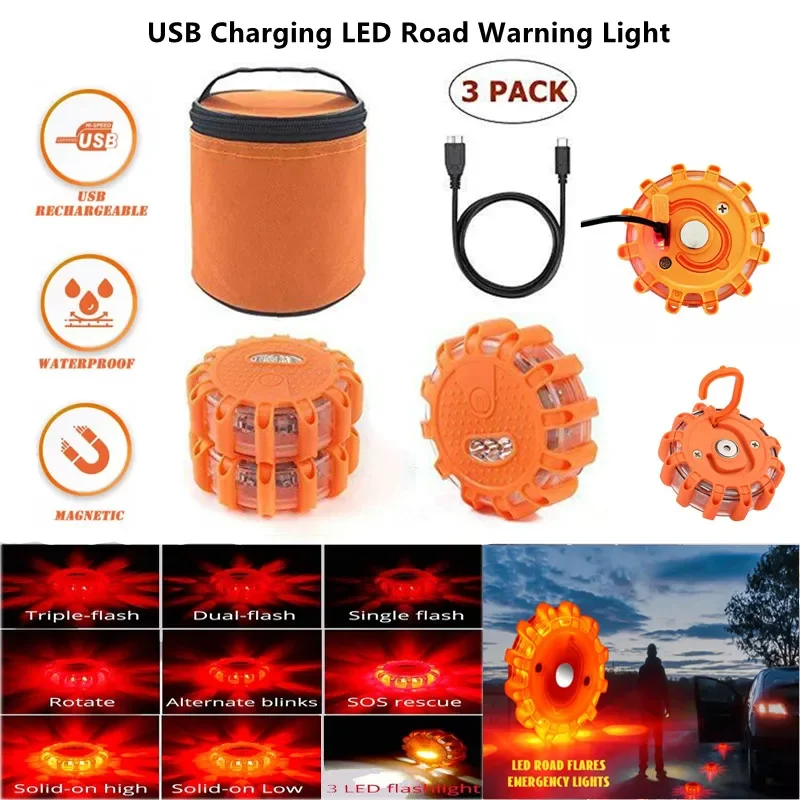 

3 Pack LED Road Flares Flashing Emergency Warning Light USB Rechargeable Help Flash Roadside Safety Disc Magnetic Flashing Base