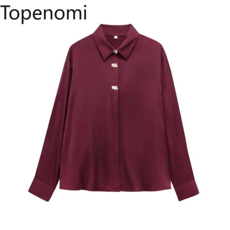 Topenomi Women Shirts French Elegant Casual Metal Button Turn Down Collar Lady Tops 2025 Spring Loose Long Sleeve Office Blouse