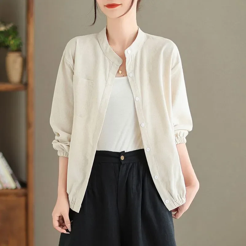 

Women's Linen Blend Stand Collar Cardigan Casual 3/4 Sleeve Button Down Loose Fit Jacket