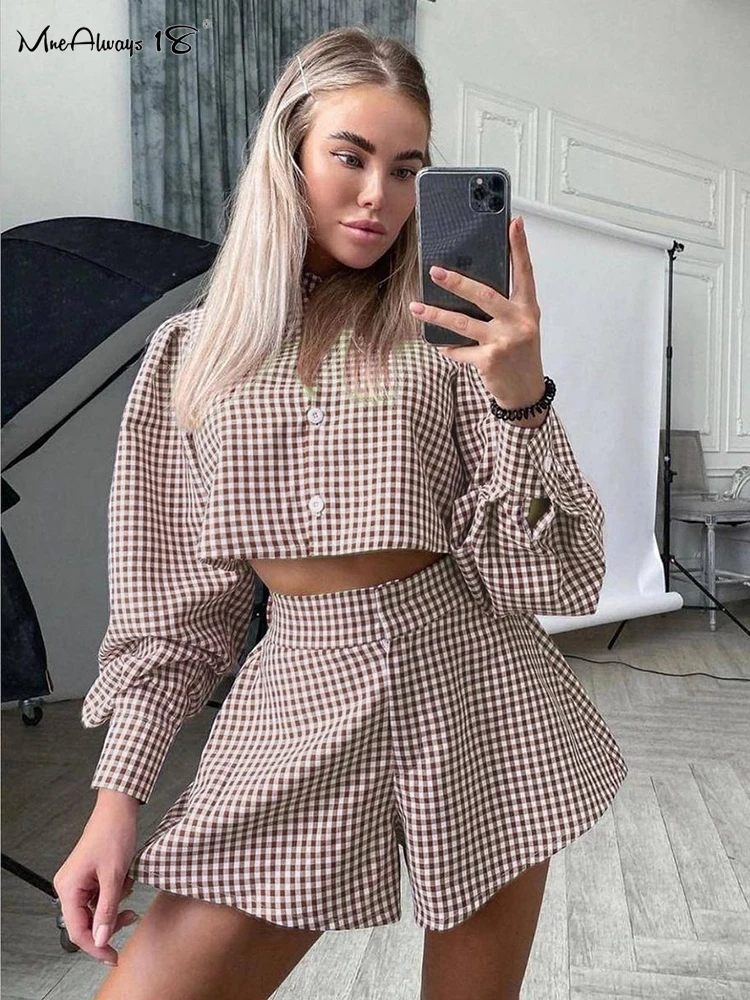 Mnealways18 Gingham Lantern Sleeve Women 2-częściowy zestaw bluzka w kratę z rozkloszowanymi szortami garnitur seksowne stroje dwuczęściowe z wysoką