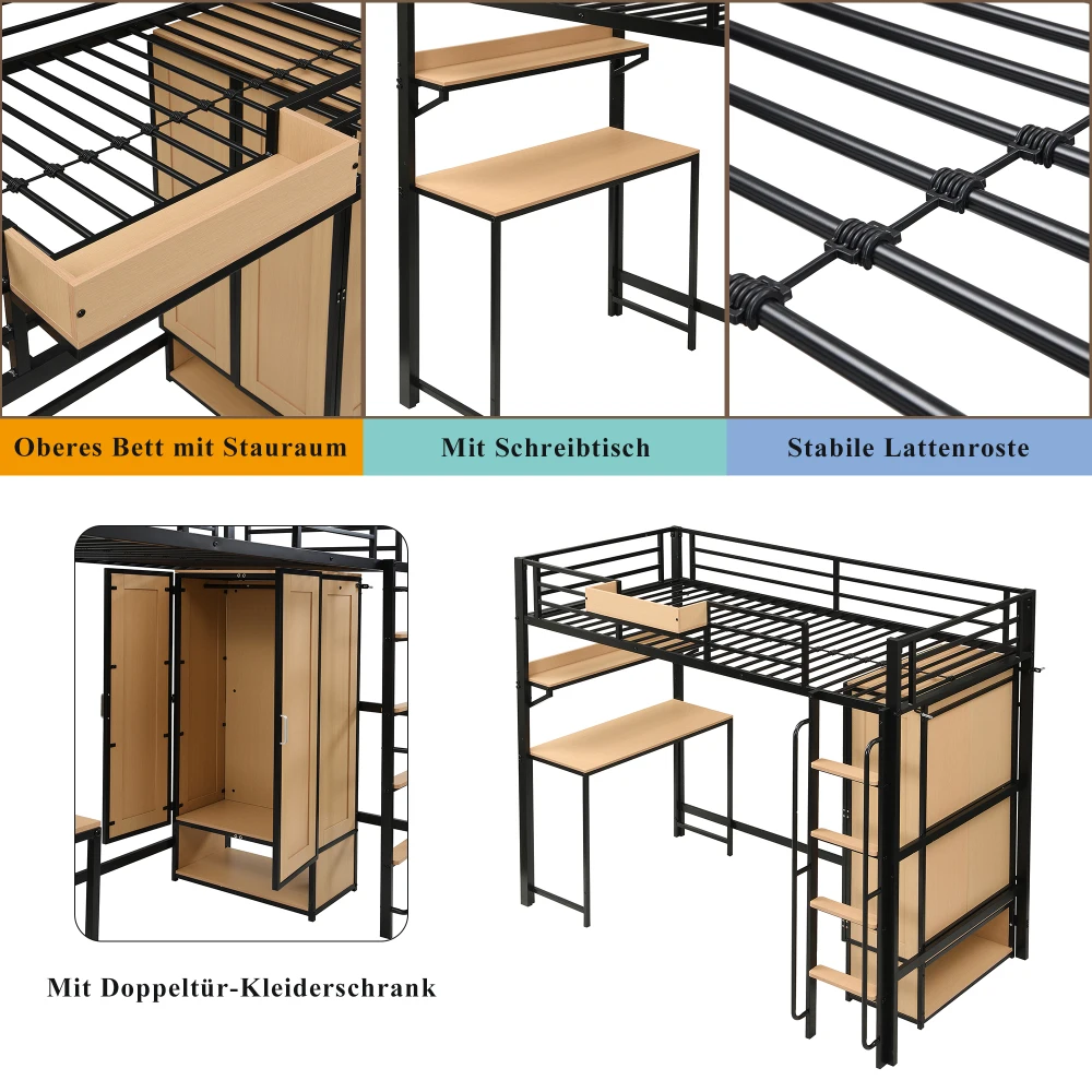 PINGGO Schwarz & Naturfarbenes Eisen-Etagenbett 90x200cm mit Kleiderschrank, Treppe, Schreibtisch, Staufächern, Metall, MDF, ohne Matratze – Detail 8