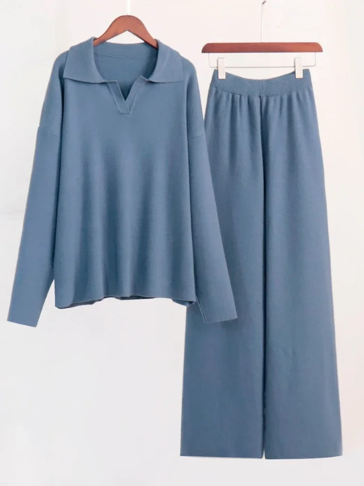 New Autumn Winter Thick 2 Piece Sets Womens Outfits Knitted Suits Soft Female Polo Neck Sweater Wide Leg Pants Outfit Pullover