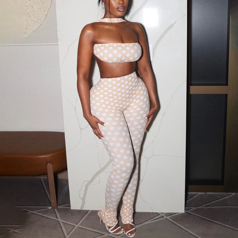 

Women Fashion Summer Elegant Sexy Polka Dot Halter Camisole Backless Vest Top and Pants Set 2 Pcs Set
