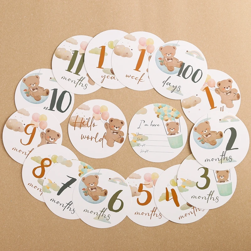 

16pcs Baby Bear Milestone Number Monthly Memorial Cards Newborn Birthday Gifts Souvenir Baby Birth Photo Photography Accessories