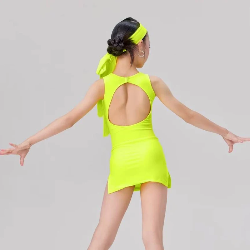 Robe de concours de danse latine sans manches, 4 couleurs, pour filles, Rumba, robes de spectacle de danse latine, Costumes de danse pour enfants SL13402