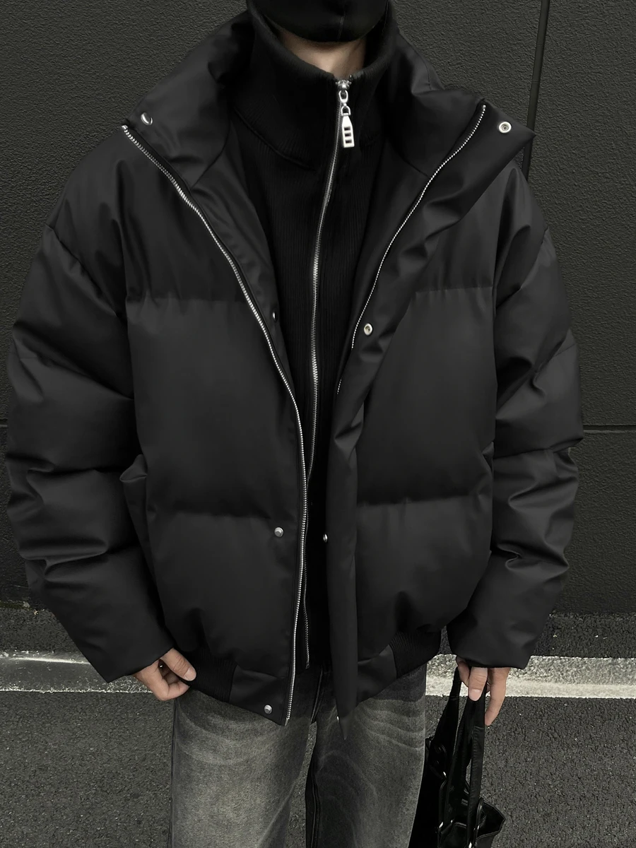 Faux Two-Piece PU Leather Cotton Jackets Men 2025 Winter New Thickened Warm Stand Collar Chic Parkas Jackets Trendy Cotton Coats