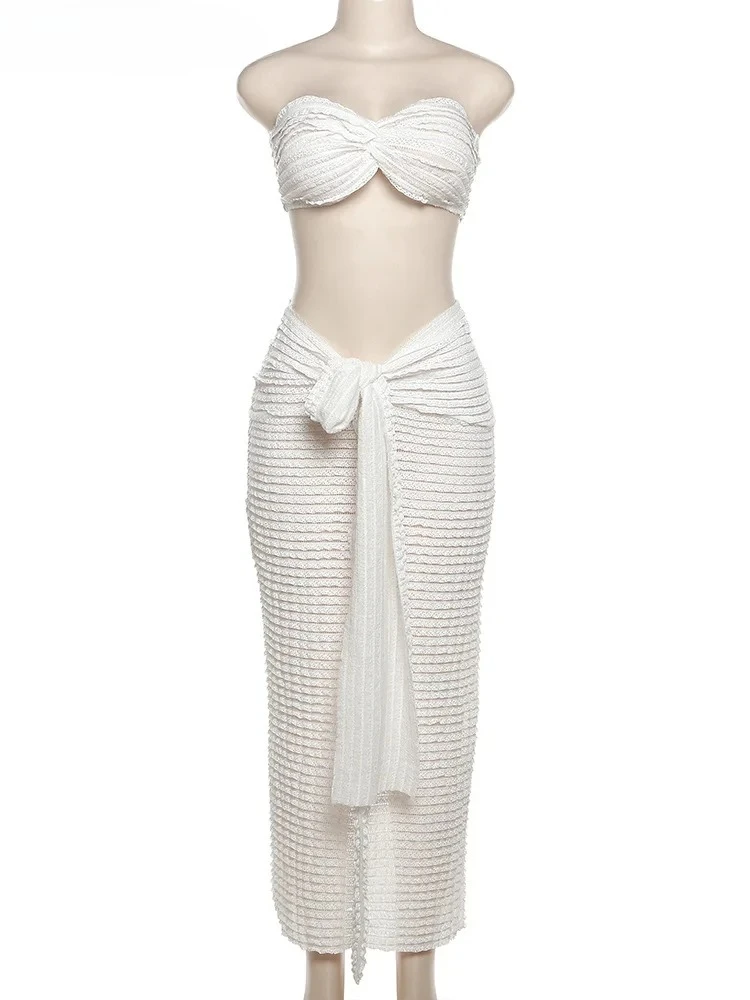 Elegante Vrouwen 2 Delige Set Middernacht Dunne Gestreepte Knoop Strapless Tops + Bandage Rokken 2023 Vakantie Bijpassende Clubwear