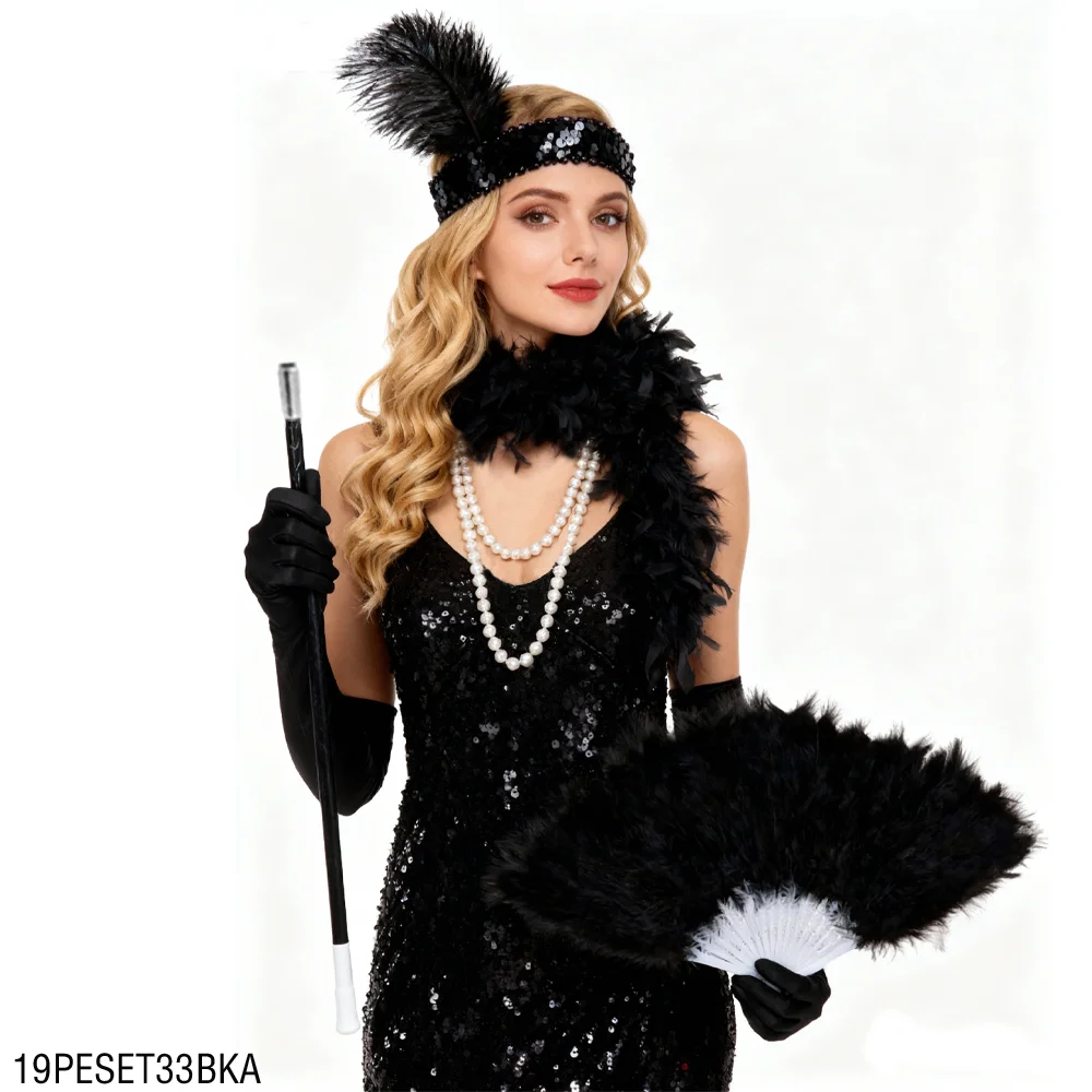 

PESENAR Vintage Black Feather Women s Costume Set Sparkly Headband Feather Fan Gloves Gorgeous Theme Party Outfit