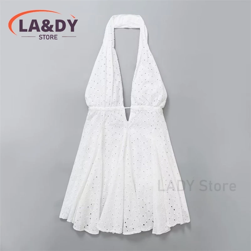 Hanging Neck Dress Spring Summer Women Fashion Hollow Out Embroidery Female Solid Color 2024 Casual Elegance Dresses