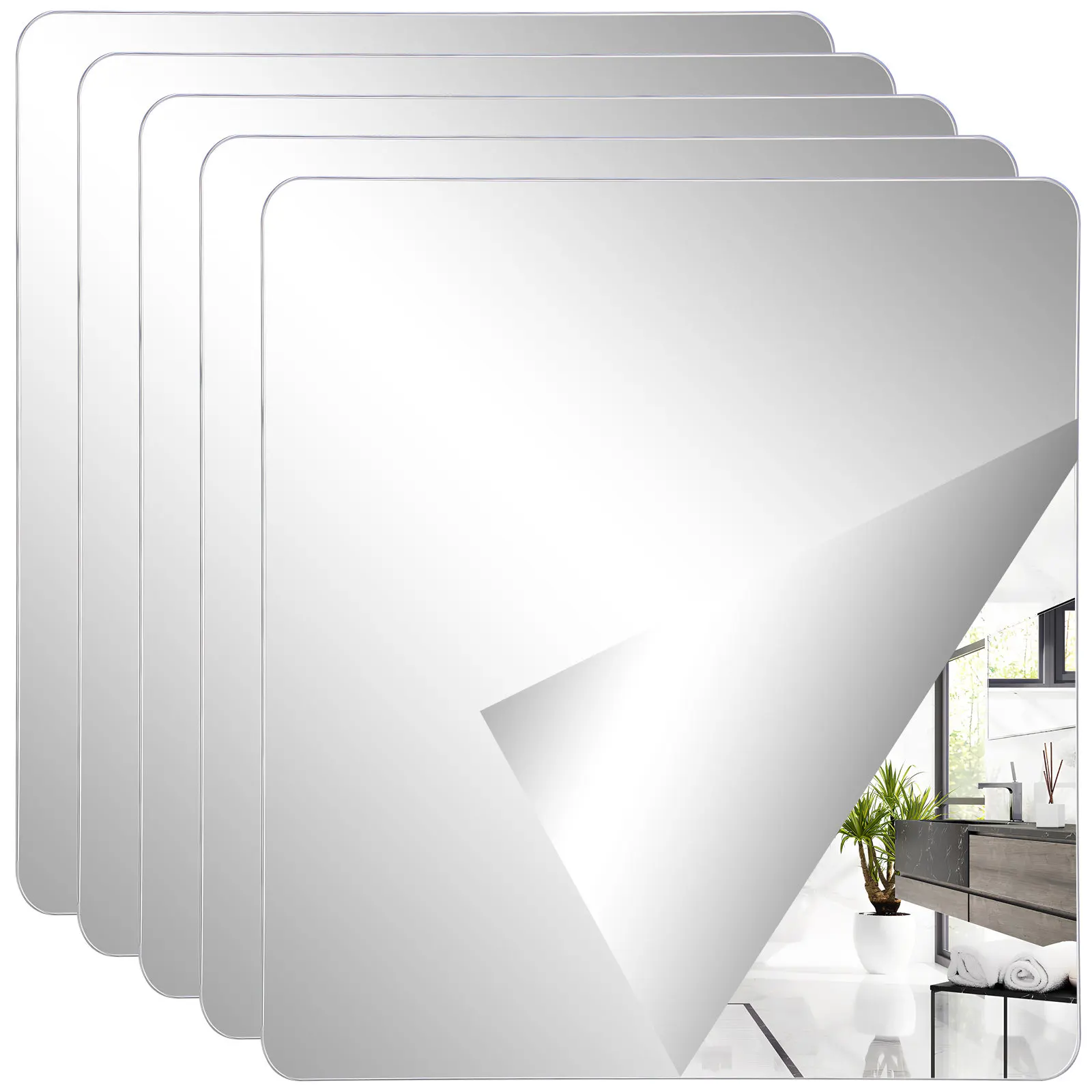 4Pcs Peel and Stick Mirror Tiles Self Adhesive Mirror Stickers for Wall Decor Living Room Bedroom Bathroom Office Fitness Room