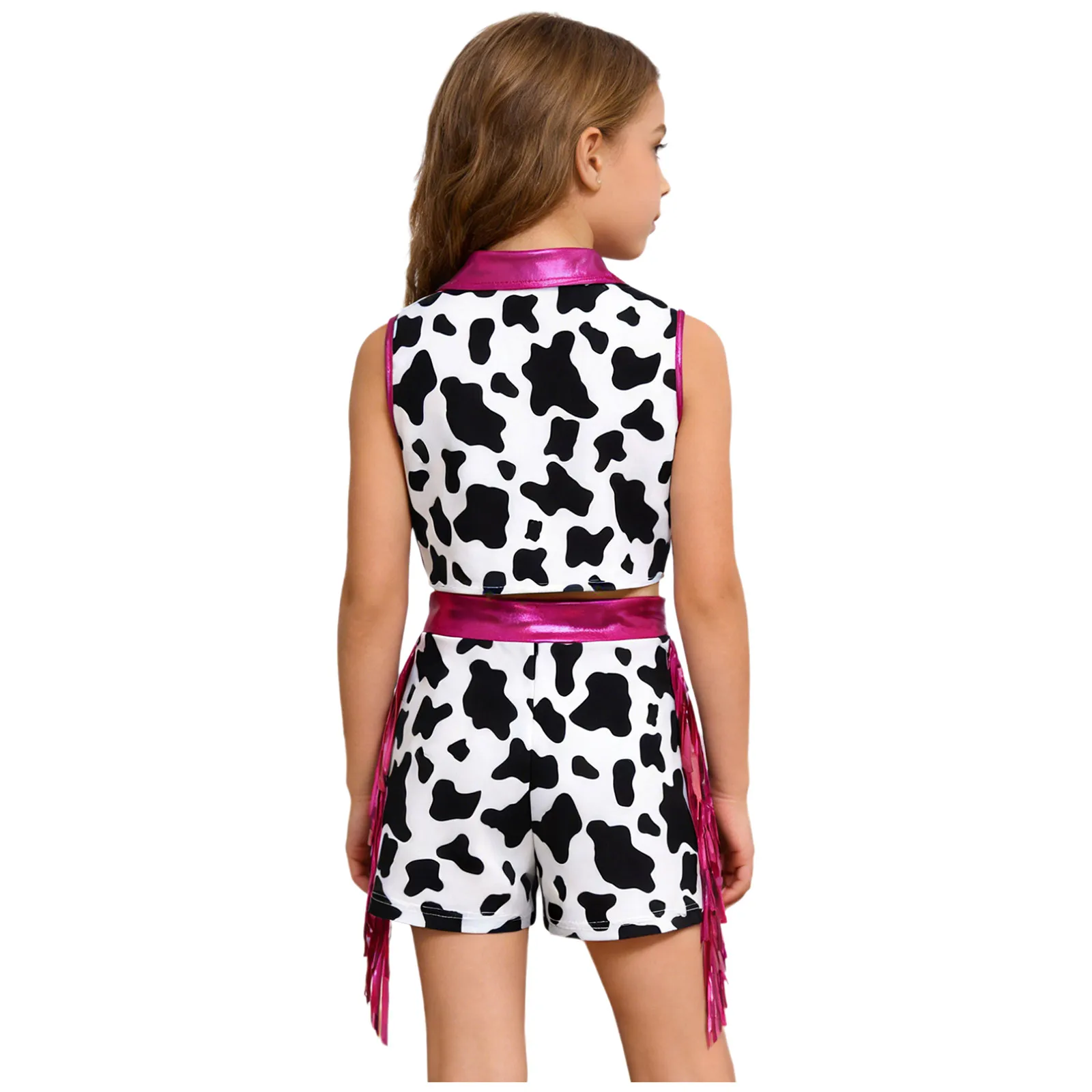 Kids Girls Western Cowgirl Costume Metallic Tassel Sleeveless Buttons Crop Top with Shorts for Halloween Carnival Performance