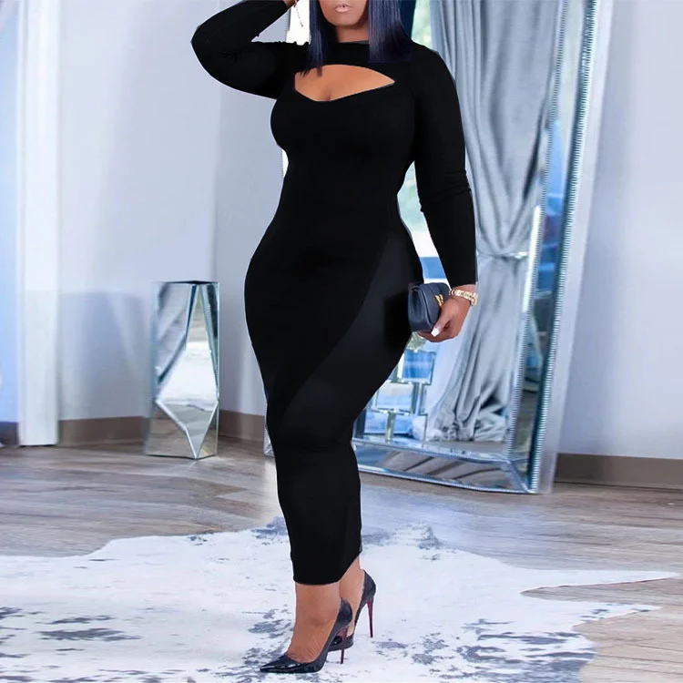 Plus Size Women Clothing New Large Women\'s Autumn Black Mid Length One Step Dress Long Sleeve Template Commuter Color Mesh Dress