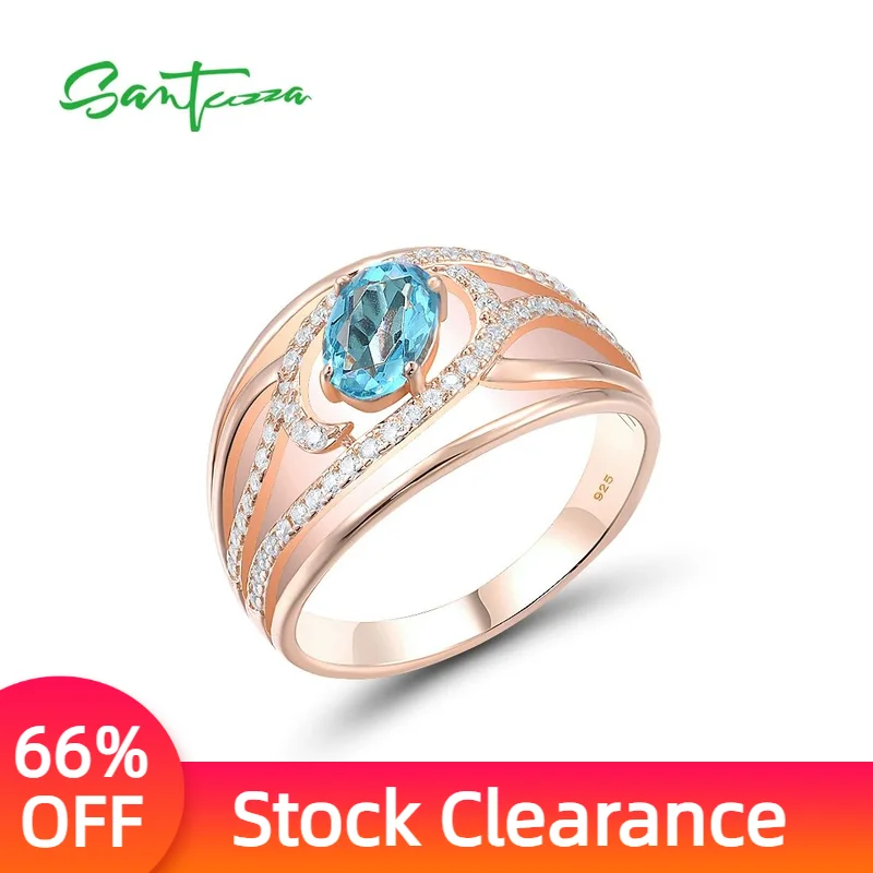 

SANTUZZA Genuine 925 Sterling Silver Rings For Women Sparkling Blue Stone White Cubic Zirconia Luxury Wedding Gift Fine Jewelry