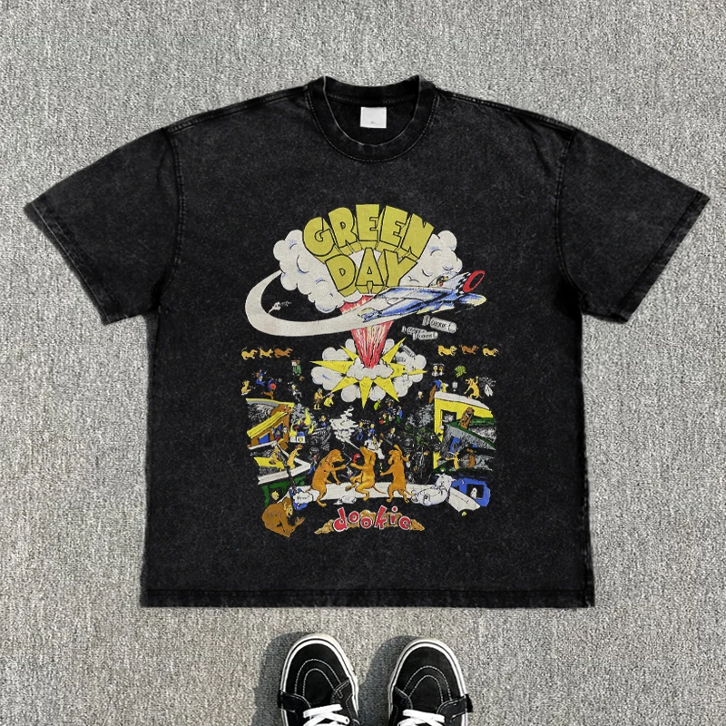 

2025 New Green Day Band Vintage Washed T-Shirt for Men & Women Rock Music Graphic Print Tee Oversized Street Y2K Tops 100 Cotton