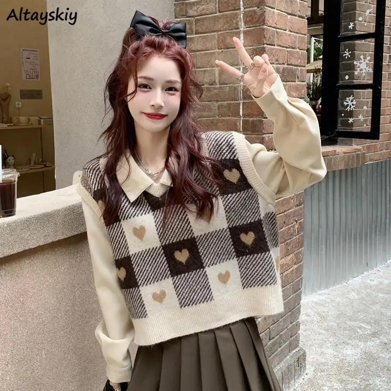 

Sweater Vests Women Loose Vintage Cozy Autumn Preppy Style Printed V-neck Soft Leisure Sweet All-match Korean Fashion Knitwear