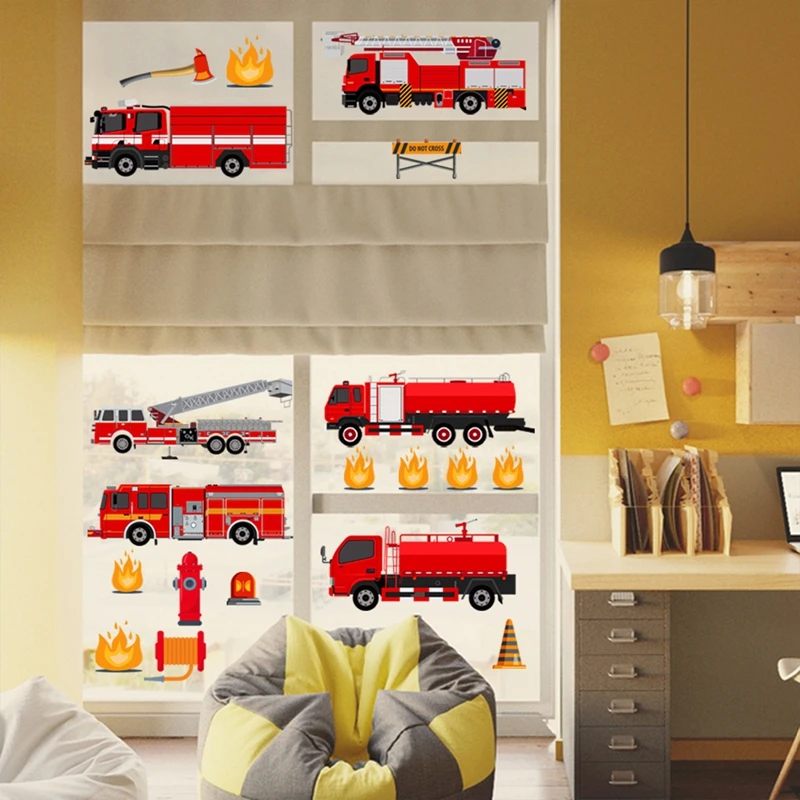 Cartoon Fire Truck Wall Decor Decals Kids Room Playroom Bedroom Kids Room Nursery Decor Firetruck Poster Mural Wall Stickers