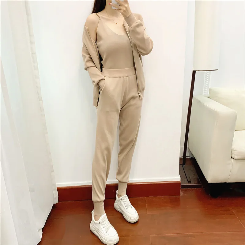 JY Spring and Autumn women's zipper knitted cardigan sweater+pants set+vest women's fashion pullover pants 3-piece set