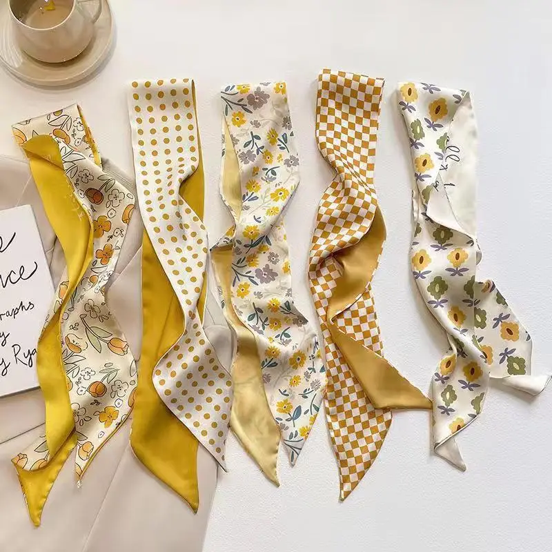 

2/5Pcs Retro Yellow Multifunctional Decoration Small Silk Scarf Temperament Headband Long Ribbon Headband Bow Hair Accessories